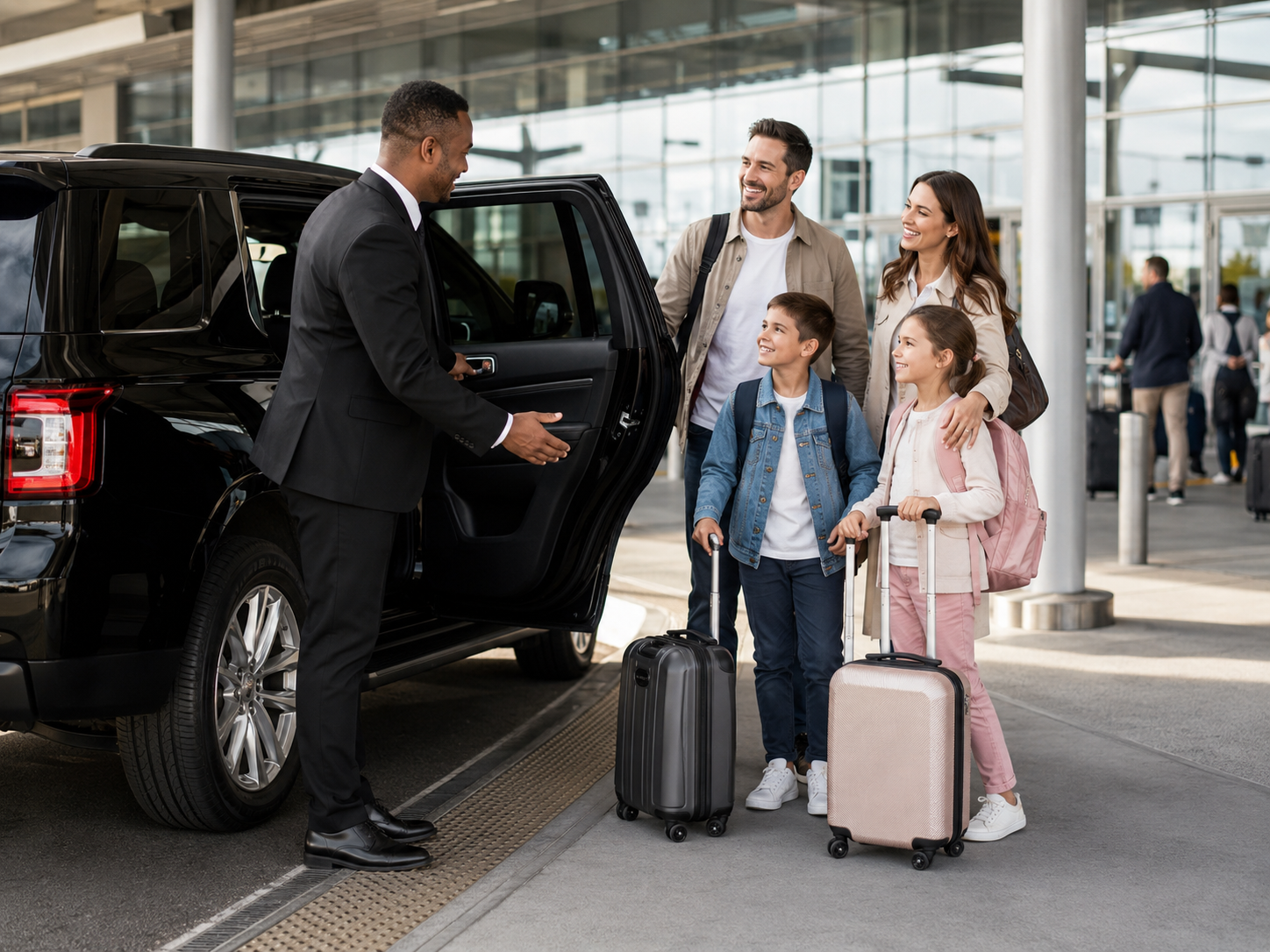 Luxury black Cadillac Escalade chauffeur curbside at San Diego International Airport at golden hour