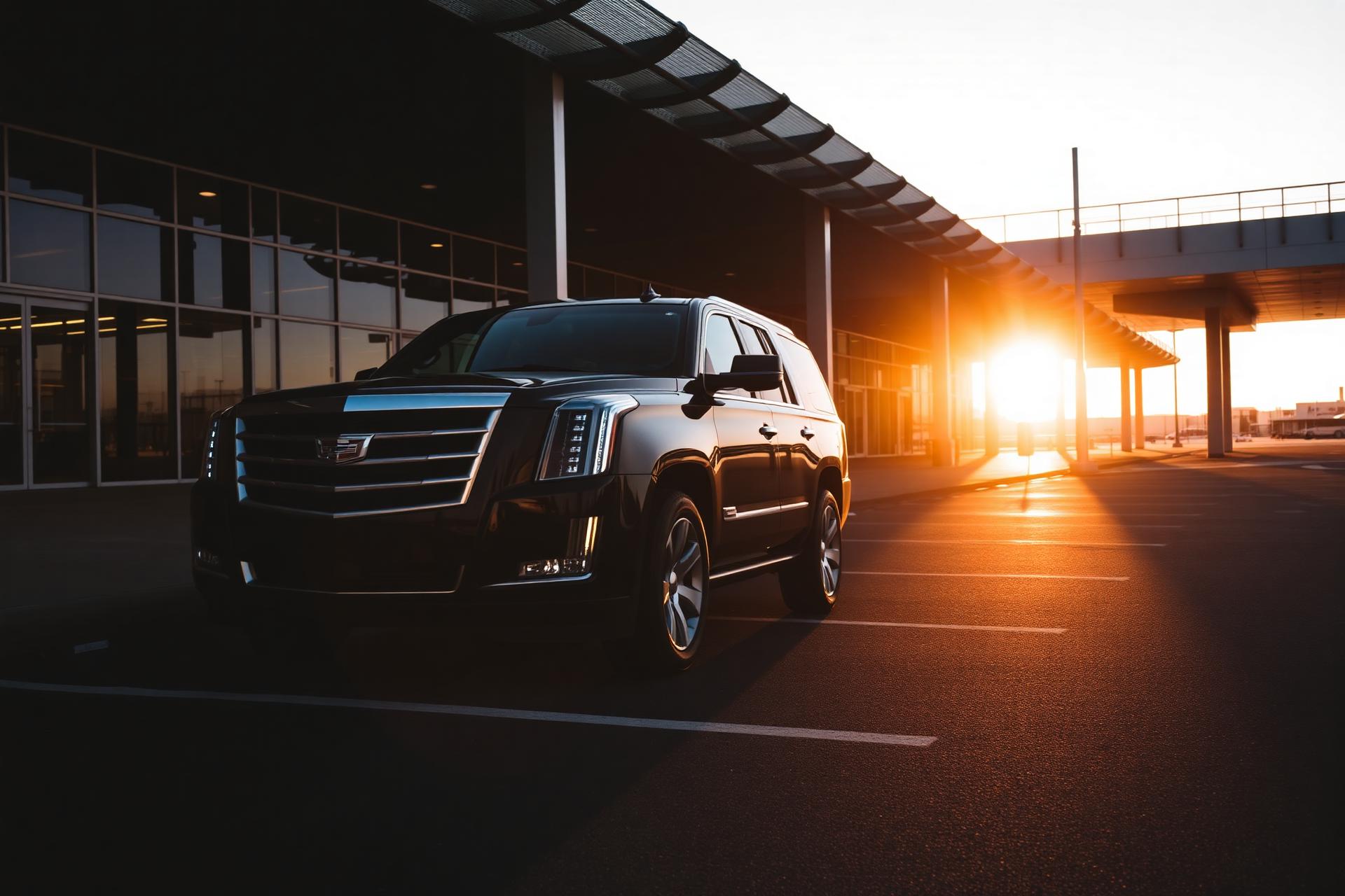 Luxury black Cadillac Escalade chauffeur curbside at San Diego International Airport at golden hour